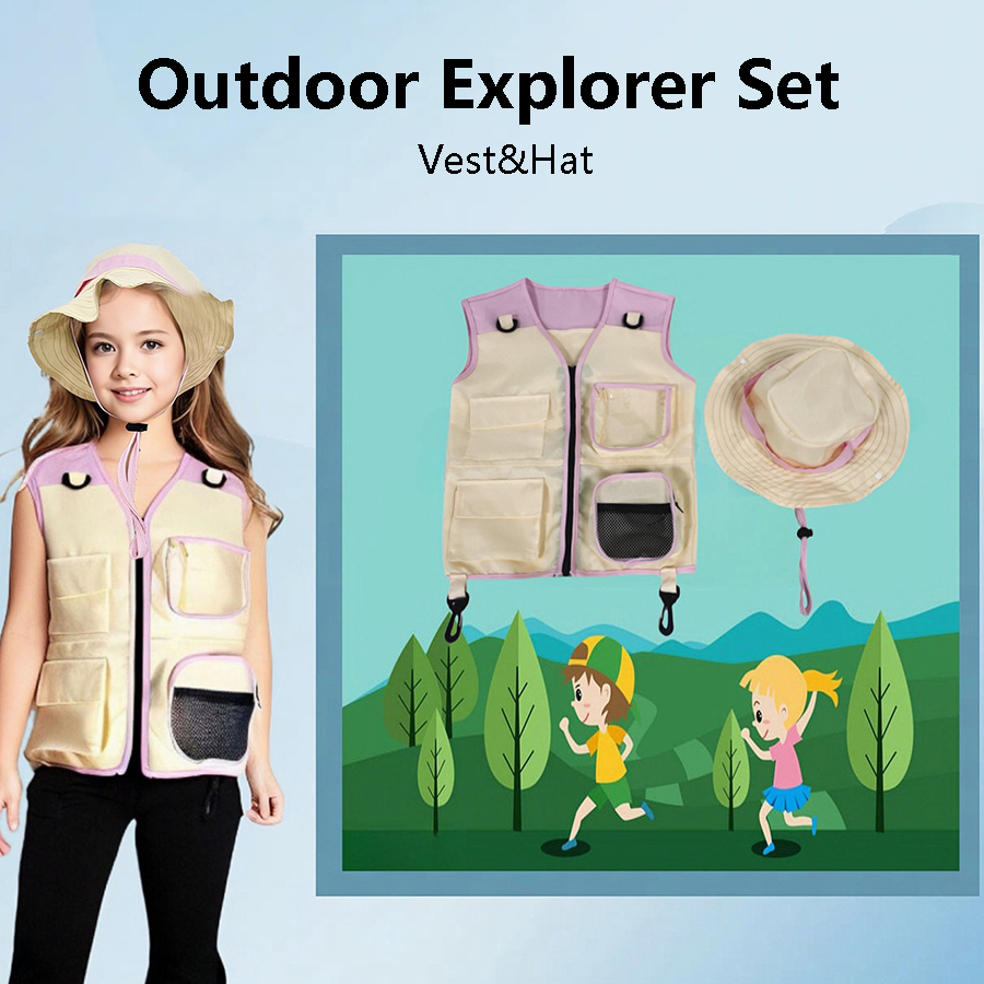 Outdoor Adventure Kids Party - صدرية وقبعة مستكشفة للأطفال ، جيوب